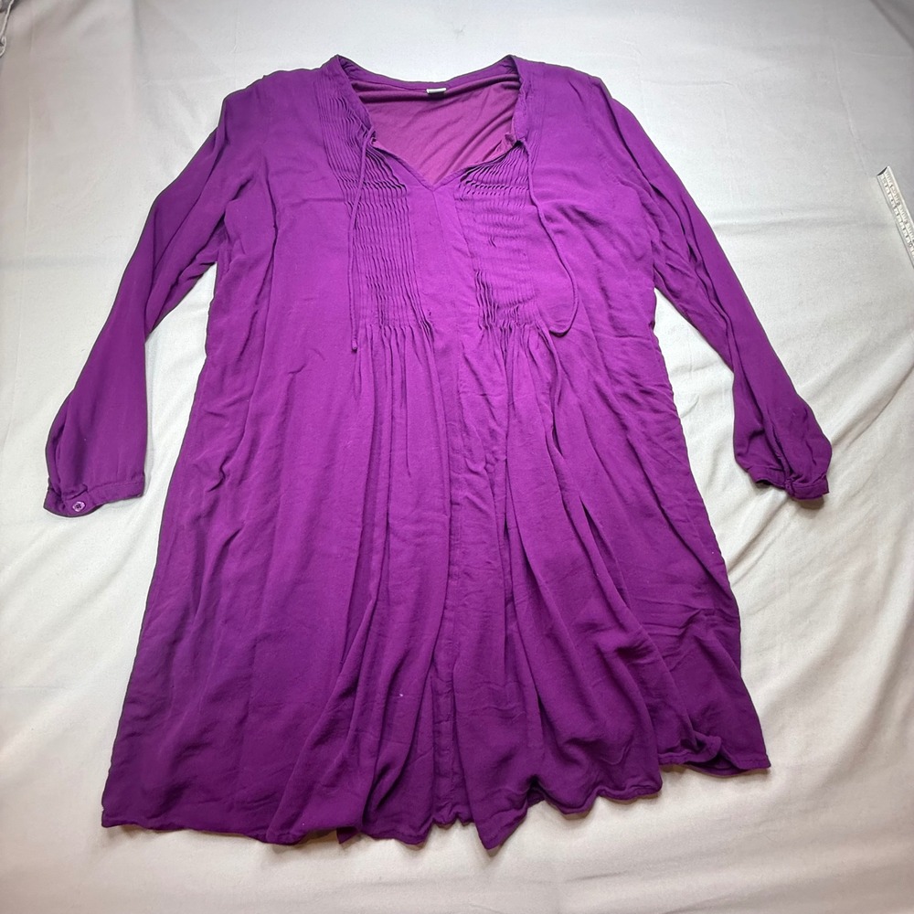 Old Navy Womens 2X Purple Pintuck Babydoll Long Sleeve V-Neck Dress